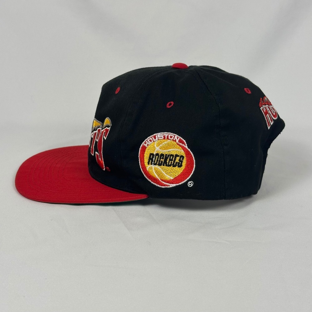 Vintage 90s Houston Rockets Hat Black Red NBA Snapback Green Underbill The G Cap - Picture 3 of 10